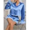 imageVerdusa Womens 2 Piece Satin Fuzzy Pajama Sets Button Up Long Sleeve Shirt with ShortsBlue