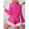 imageVerdusa Womens 2 Piece Satin Fuzzy Pajama Sets Button Up Long Sleeve Shirt with ShortsHot Pink