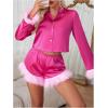 imageVerdusa Womens 2 Piece Satin Fuzzy Pajama Sets Button Up Long Sleeve Shirt with ShortsHot Pink