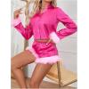 imageVerdusa Womens 2 Piece Satin Fuzzy Pajama Sets Button Up Long Sleeve Shirt with ShortsHot Pink