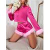 imageVerdusa Womens 2 Piece Satin Fuzzy Pajama Sets Button Up Long Sleeve Shirt with ShortsHot Pink