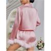 imageVerdusa Womens 2 Piece Satin Fuzzy Pajama Sets Button Up Long Sleeve Shirt with ShortsPink