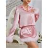 imageVerdusa Womens 2 Piece Satin Fuzzy Pajama Sets Button Up Long Sleeve Shirt with ShortsPink