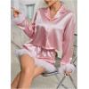 imageVerdusa Womens 2 Piece Satin Fuzzy Pajama Sets Button Up Long Sleeve Shirt with ShortsPink
