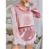 imageVerdusa Womens 2 Piece Satin Fuzzy Pajama Sets Button Up Long Sleeve Shirt with ShortsPink