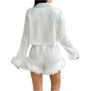 imageVerdusa Womens 2 Piece Satin Fuzzy Pajama Sets Button Up Long Sleeve Shirt with ShortsWhite