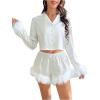 imageVerdusa Womens 2 Piece Satin Fuzzy Pajama Sets Button Up Long Sleeve Shirt with ShortsWhite