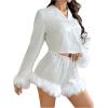 imageVerdusa Womens 2 Piece Satin Fuzzy Pajama Sets Button Up Long Sleeve Shirt with ShortsWhite
