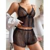 imageVerdusa Womens Floral Print Mesh Lingerie Set Contrast Lace Ruffle Hem Top and ShortsBlack