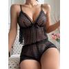 imageVerdusa Womens Floral Print Mesh Lingerie Set Contrast Lace Ruffle Hem Top and ShortsBlack
