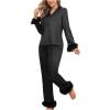 imageVerdusa Womens Fuzzy Fur Trim Satin Pajama Set Button Down Long Sleeve Shirt with PantsBlack