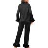 imageVerdusa Womens Fuzzy Fur Trim Satin Pajama Set Button Down Long Sleeve Shirt with PantsBlack