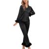 imageVerdusa Womens Fuzzy Fur Trim Satin Pajama Set Button Down Long Sleeve Shirt with PantsBlack