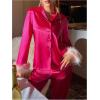 imageVerdusa Womens Fuzzy Fur Trim Satin Pajama Set Button Down Long Sleeve Shirt with PantsHot Pink
