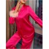 imageVerdusa Womens Fuzzy Fur Trim Satin Pajama Set Button Down Long Sleeve Shirt with PantsHot Pink