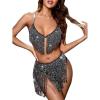 imageVerdusa Womens 2 Piece Fringe Trim Metallic Deep V Neck Bra and Panty Lingerie SetBlack