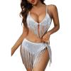 imageVerdusa Womens 2 Piece Fringe Trim Metallic Deep V Neck Bra and Panty Lingerie SetSilver