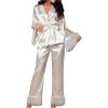 imageVerdusa Womens 2 Piece Lace Satin Pajama Set Ruffle Long Sleeve Belted Top and PantsWhite