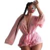 imageVerdusa Womens 2 Piece Lace Trim Long Sleeve Belted Robe and Thong Pajama Sets