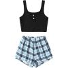 imageVerdusa Womens 2 Piece Outfits Crop Tank Top and Plaid Shorts Cute Loungewear Pajama SetBlack Blue