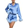 imageVerdusa Womens 2 Piece Satin Fuzzy Pajama Sets Button Up Long Sleeve Shirt with ShortsBlue