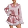 imageVerdusa Womens 2 Piece Satin Fuzzy Pajama Sets Button Up Long Sleeve Shirt with ShortsPink