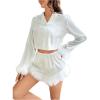imageVerdusa Womens 2 Piece Satin Fuzzy Pajama Sets Button Up Long Sleeve Shirt with ShortsWhite