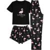 imageVerdusa Womens 3 Piece Cartoon Print Pajama Sets Tee Top And Shorts Pants PjsFlamingo Black