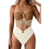 imageVerdusa Womens Cut Out Colorblock One Piece Swimsuit Ruched Swimwear Bathing SuitBrown Beige