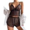 imageVerdusa Womens Floral Print Mesh Lingerie Set Contrast Lace Ruffle Hem Top and ShortsBlack