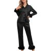 imageVerdusa Womens Fuzzy Fur Trim Satin Pajama Set Button Down Long Sleeve Shirt with PantsBlack