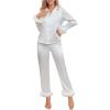 imageVerdusa Womens Fuzzy Fur Trim Satin Pajama Set Button Down Long Sleeve Shirt with PantsWhite