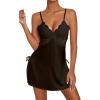 imageVerdusa Womens Lace Trim Satin Slit Side Nightdress Bridal Sleepwear NightgownBlack