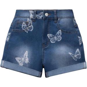 imageVerdusa Girls Denim Shorts High Waist Butterfly Print Rolled Hem Straight Leg ShortsMedium Wash