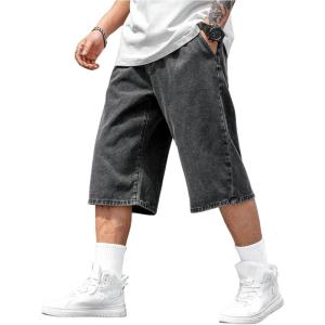 imageVerdusa Mens Straight Leg Denim Shorts Solid Casual 34 Capri Pants with PocketsGrey