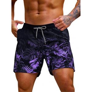 imageVerdusa Mens Tropical Print Drawstring Waist Swim Trunks Beach ShortsBlack Purple