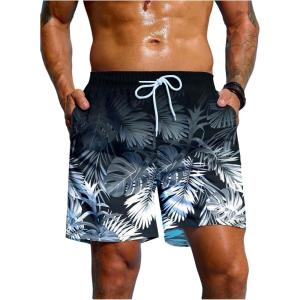 imageVerdusa Mens Tropical Print Drawstring Waist Swim Trunks Beach ShortsBlack and White