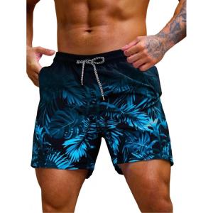 imageVerdusa Mens Tropical Print Drawstring Waist Swim Trunks Beach ShortsOmbra Blue Black