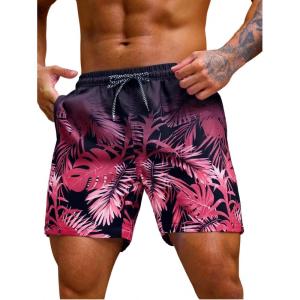 imageVerdusa Mens Tropical Print Drawstring Waist Swim Trunks Beach ShortsOmbre Pink Black