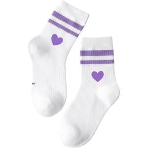 imageVerdusa Unisex Kid Striped Letter Print Athletic Socks Casual Crew SocksWhite Purple Heart