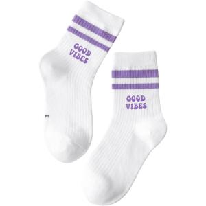 imageVerdusa Unisex Kid Striped Letter Print Athletic Socks Casual Crew SocksWhite Purple Letter