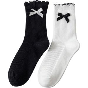 imageVerdusa Womens 2 Pairs Bow Knot Scallop Edge Ribbed Crew SocksBlack and White