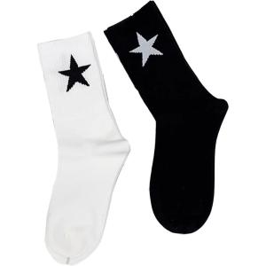 imageVerdusa Womens 2 Pairs Checkered Mid Calf Socks Vintage Graphic Printed Crew SocksStar Black