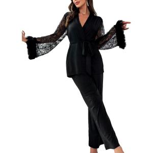 imageVerdusa Womens 2 Piece Feather Satin Pajama Set Floral Mesh Long Sleeve Belted Top and PantsBlack