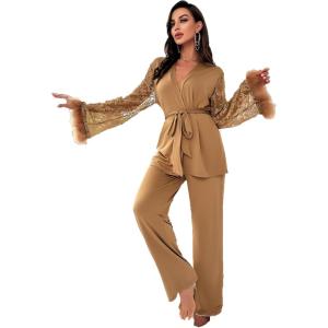 imageVerdusa Womens 2 Piece Feather Satin Pajama Set Floral Mesh Long Sleeve Belted Top and PantsBrown