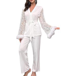 imageVerdusa Womens 2 Piece Feather Satin Pajama Set Floral Mesh Long Sleeve Belted Top and PantsWhite