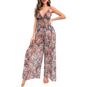 imageVerdusa Womens 2 Piece Floral Print Mesh Pajama Sets Tie Front V Neck Cami Top and PantsMulticolor