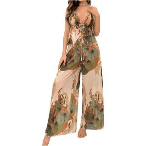 imageVerdusa Womens 2 Piece Floral Print Mesh Pajama Sets Tie Front V Neck Cami Top and PantsMulticolor Beige