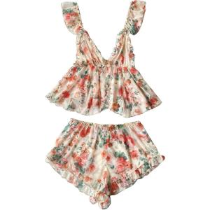 imageVerdusa Womens 2 Piece Floral Print Mesh Ruffled Peplum Cami Top and Shorts Pajama SetsBeige and Red
