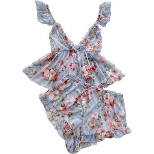 imageVerdusa Womens 2 Piece Floral Print Mesh Ruffled Peplum Cami Top and Shorts Pajama SetsLight Blue